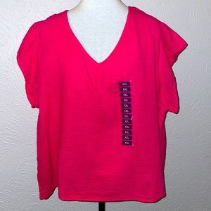 Three Dots Pink XXL Double Gauze V-neck. Short sleeve Side slits